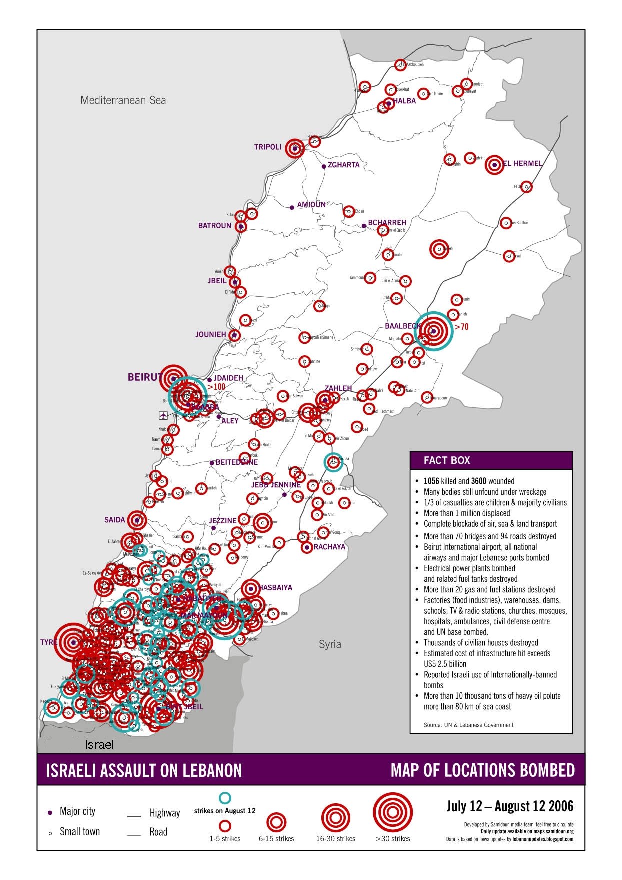 Locations bombed Aug12 2 - 12 July to 12 August 2006.