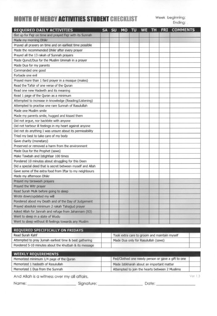 MercyMonth 1 - Ramadan Month of Mercy Activities Checklist